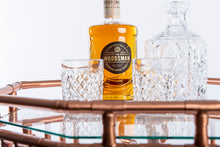 Load image into Gallery viewer, Copper Pipe Drinks Table In Art Deco Design With Circular Centre Glass Shelf Octagon Lower And Upper Glass Shelf. Woodsman Scotch Wiskley And Diamoind Cut Glassware.