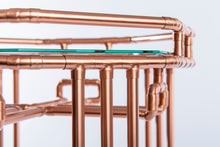 Load image into Gallery viewer, Copper Pipe Drinks Table In Art Deco Design With Circular Centre Glass Shelf Octagon Lower And Upper Glass Shelf