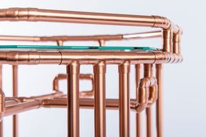 Copper Pipe Drinks Table In Art Deco Design With Circular Centre Glass Shelf Octagon Lower And Upper Glass Shelf