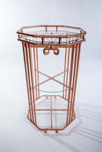 Load image into Gallery viewer, Copper Pipe Drinks Table In Art Deco Design With Circular Centre Glass Shelf Octagon Lower And Upper Glass Shelf