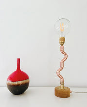 Load image into Gallery viewer, Handmade Copper pipe lamp with naked builb, oak base and quirky stem