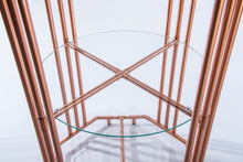 Load image into Gallery viewer, Copper Pipe Drinks Table In Art Deco Design With Circular Centre Glass Shelf Octagon Lower And Upper Glass Shelf. Woodsman Scotch Wiskley And Diamoind Cut Glassware.