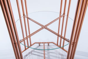 Copper Pipe Drinks Table In Art Deco Design With Circular Centre Glass Shelf Octagon Lower And Upper Glass Shelf. Woodsman Scotch Wiskley And Diamoind Cut Glassware.