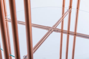 Copper Pipe Drinks Table In Art Deco Design With Circular Centre Glass Shelf Octagon Lower And Upper Glass Shelf. Woodsman Scotch Wiskley And Diamoind Cut Glassware.