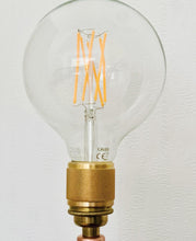 Load image into Gallery viewer, Handmade Copper pipe lamp with naked builb, oak base and quirky stem