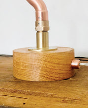 Load image into Gallery viewer, Handmade Copper pipe lamp with naked builb, oak base and quirky stem