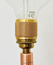 Load image into Gallery viewer, Handmade Copper pipe lamp with naked builb, oak base and quirky stem