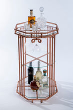 Load image into Gallery viewer, Copper Pipe Drinks Table In Art Deco Design With Circular Centre Glass Shelf Octagon Lower And Upper Glass Shelf