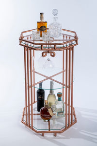 Copper Pipe Drinks Table In Art Deco Design With Circular Centre Glass Shelf Octagon Lower And Upper Glass Shelf