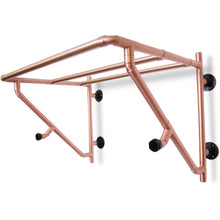 Load image into Gallery viewer, Large Copper Pipe Industrial Styled Wall Mounted Storage Rack With Brass Wall Mounts And Brass Hook Ends