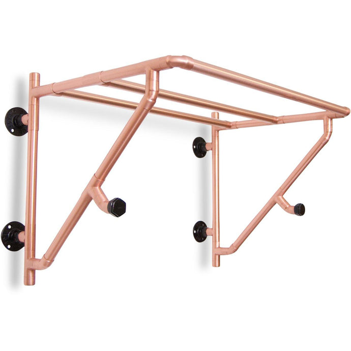 Large Copper Pipe Industrial Styled Wall Mounted Storage Rack With Brass Wall Mounts And Brass Hook Ends