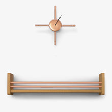 Load image into Gallery viewer, Handmade Copper Wall Clock With Black Hands Abiove A Solid Oak Shelving Unit With Copper Front Rails