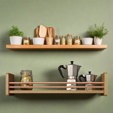 Load image into Gallery viewer, Solid Oak Wall Mounted Shelving Unit With Two Copper Rails At Front