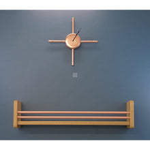 Load image into Gallery viewer, Solid Oak Wall Mounted Shelving Unit With Two Copper Rails At Front With Copper Pipe Clock Above