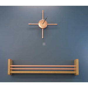 Solid Oak Wall Mounted Shelving Unit With Two Copper Rails At Front With Copper Pipe Clock Above